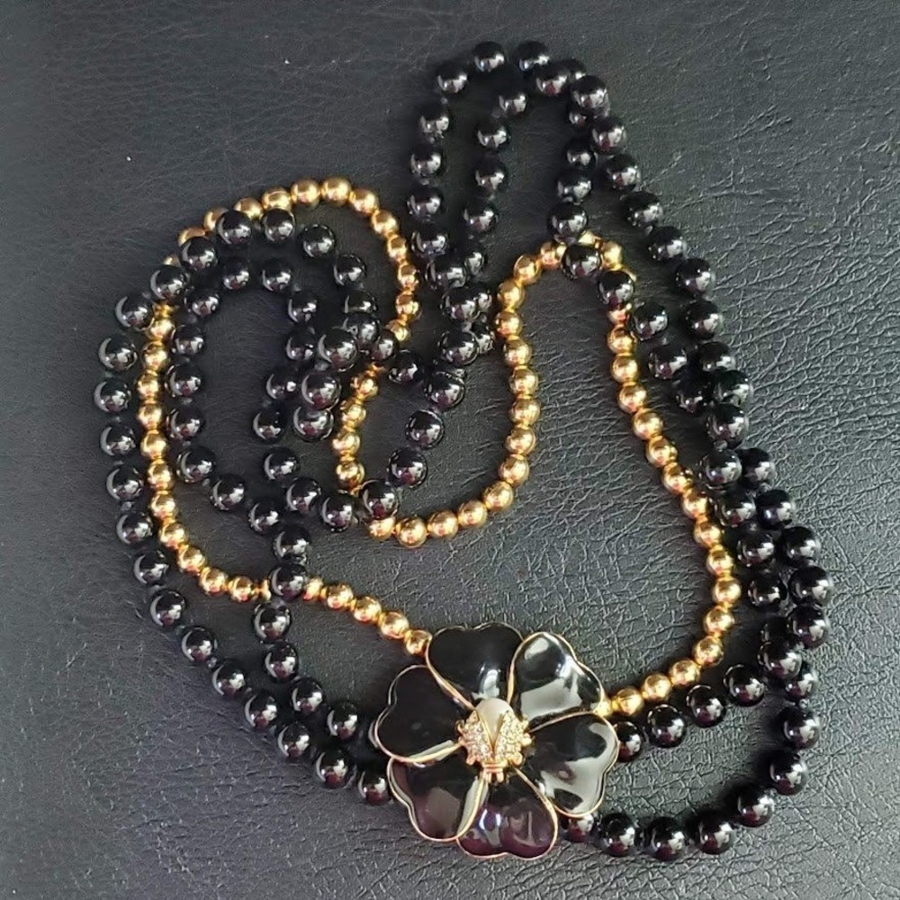 Black Enamel Flower Pave Ladybug Multi-Strand Beaded Necklace Gold Tone Retro